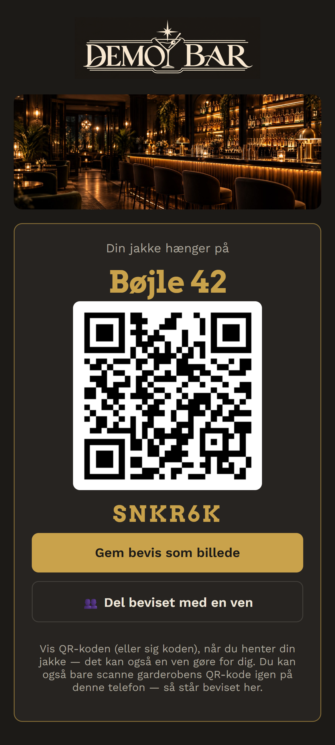 Gæstens bevis på telefonen: bøjle 42 og en QR-kode
